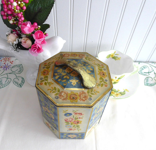 Panelled Floral Tea Caddy Tea Tin Octagonal 1950s Blue Yellow