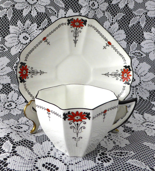 Cup And Saucer Shelley Daisy Red Enamel Queen Anne Paneled Art