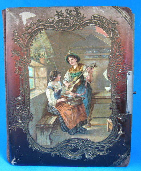 Antique Photo Album Celluloid Cover w Children Country Scene Velvet  Victorian - Ellis Antiques