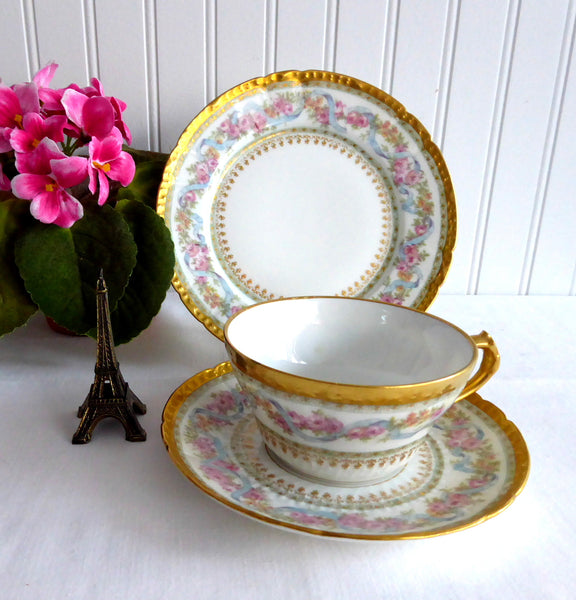 Gorgeous Haviland Limoges Teacup Trio 1900 Ornate Pink Blue Floral