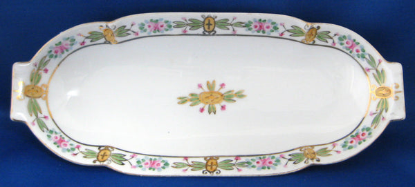 Celery Serving Dish Porcelain good Double CutOut Iris Handles w Gilt Flora and Swirls White Ground Ca 1880s 1900s