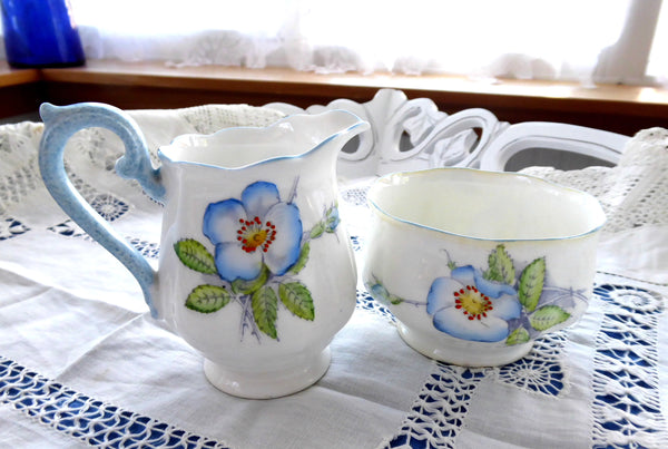 Royal Albert Wild Rose Cream And Sugar Blue 1930s Mottled Blue