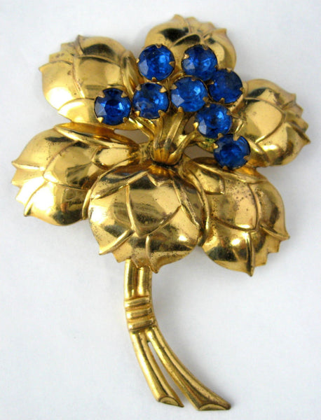 Figural Blue Rhinestones Flower Brooch Pin 1940s Gold Pin Large Lily E –  Antiques And Teacups