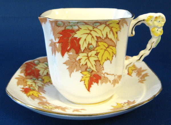 Fall Leaves Cup and Saucer Flower Handle Royal Stafford 1940s Square C –  Antiques And Teacups