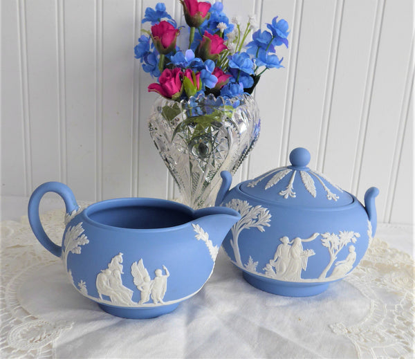 Sugar And Creamer Wedgwood Blue Jasper Large Icarus Sacrifice To Ceres –  Antiques And Teacups