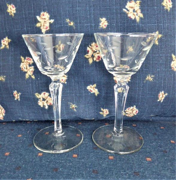 Vintage Crystal Glasses, Etched With Black Stem, Sherry Coupe