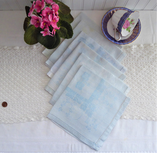 Antique / Vintage outlet French Damask Linen Napkins Set (6) Rare Red Blue Mono AV