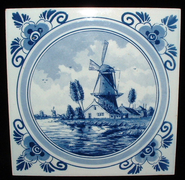 Dutch Delft Tile Blue And White newest Windmills And Vintage W Defect Appr 10.25x6.25