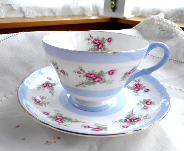 STANLEY tea cup and saucer pink rose painted baby blue color teacup England  50s