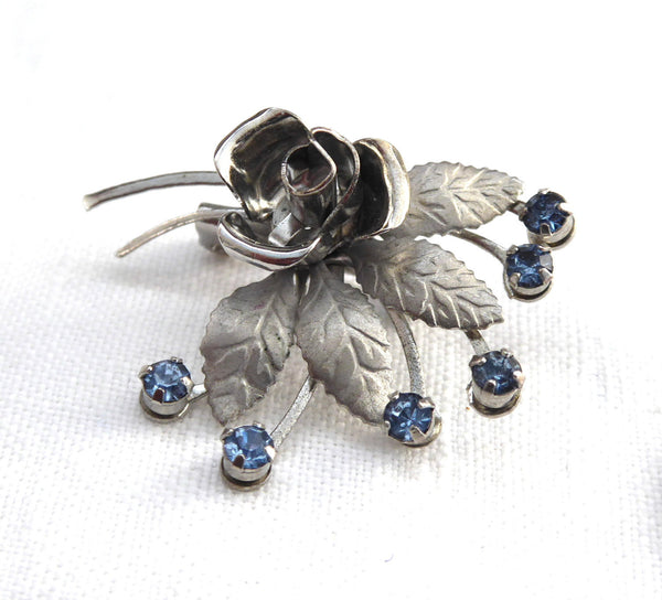 Blue Ice Rhinestone Embellished Metal Rose Flower Pin Brooch