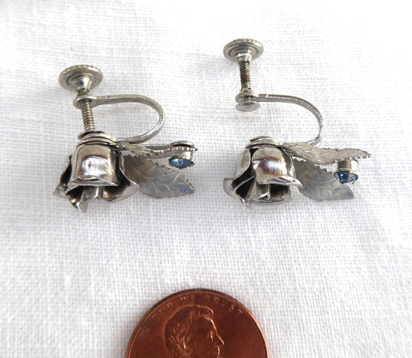 Vintage Mid-Century Sterling Silver Screw Back Earrings Flower Shaped  Rhinestone - Before Times Shop