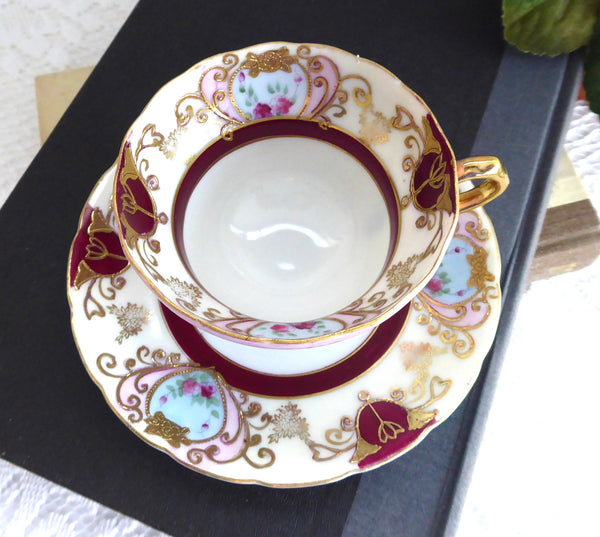 Fancy Hand decorated Cup And Saucer 1950s Japan Maroon Pink Gold