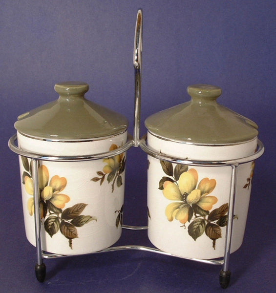 MCM Libby Condiment Caddy with Lids - Vintage Serveware Silver 2 Jar  Cannister Set