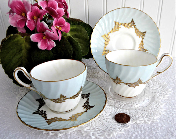 Aqua Gold Pair 1950s Cups And Saucers Demitasse Foley Brain Bone