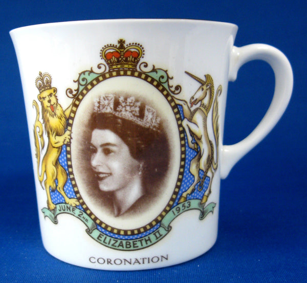 A beautiful white buy china mug to commemorate The Queens 1953 Coronation in Bishop Auckland