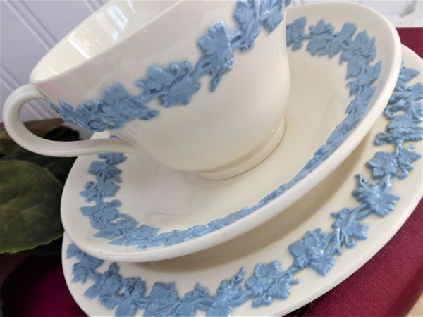 Wedgwood Queens Ware Teacup Trio Blue On White Grapes 1960s Queens Ware