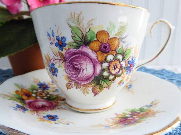 Pretty Floral Bouquet Cup And Saucer Vintage English 1960s Pink