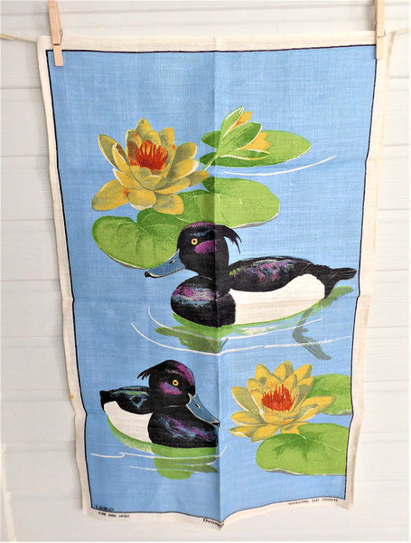 Wood Ducks Dish Towel Tea Towel Water Lilies 1970s Signed