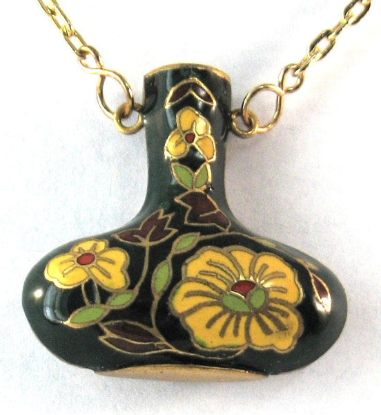 Green Cloisonne Vase Urn Pendant Necklace Hollow Vase Floral 
