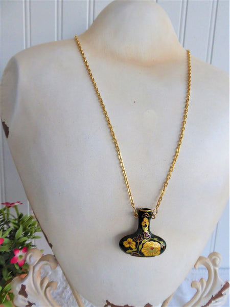 Green Cloisonne Vase Urn Pendant Necklace Hollow Vase Floral Gold Chain  1970s