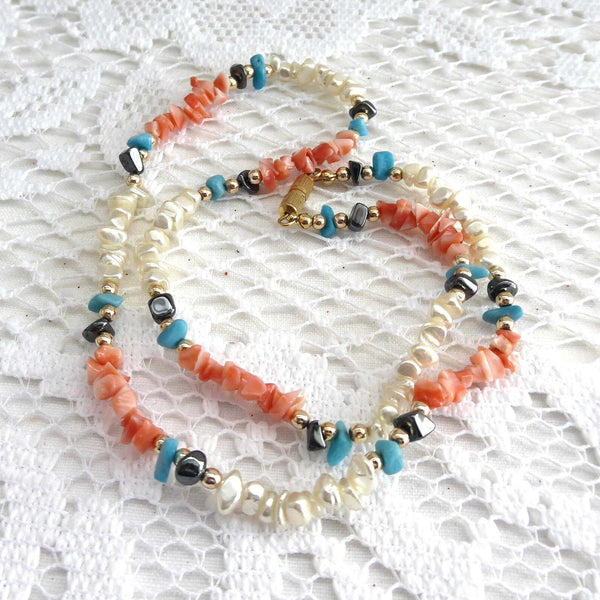 Coral or Turquoise Semiprecious good Beaded Necklace