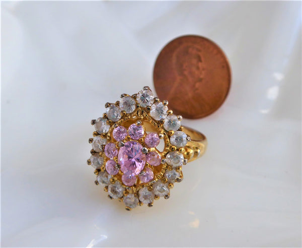 Vintage Lucky Brand Brass Tone Large Purple Crystal & Pink CZ Cocktail Ring