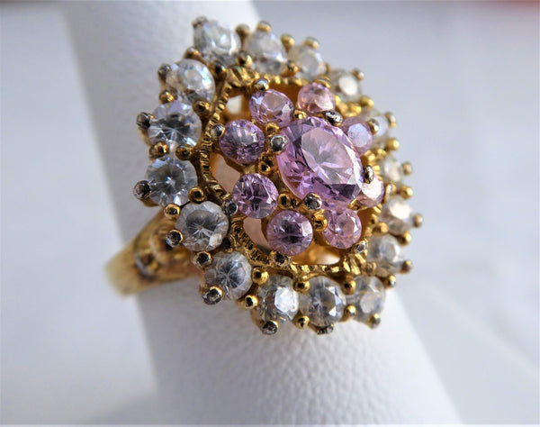 Vintage Lucky Brand Brass Tone Large Purple Crystal & Pink CZ Cocktail Ring