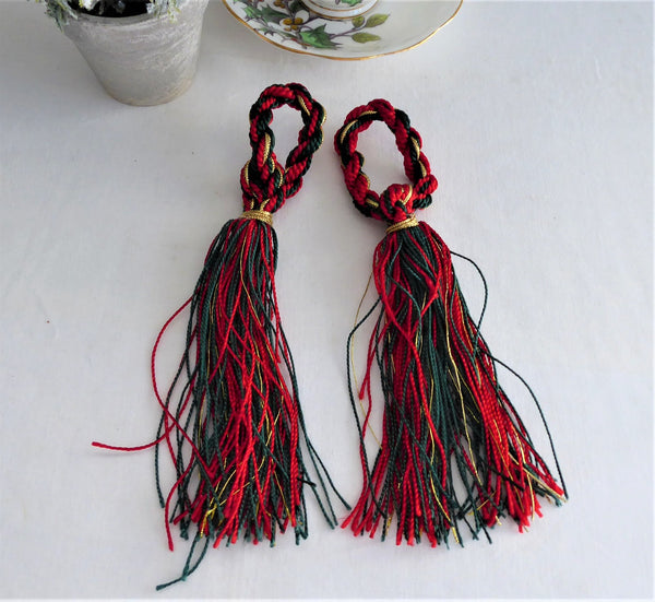 Pair Tassels Christmas Colors 1980s Red Gold Green Holiday Ornaments N 