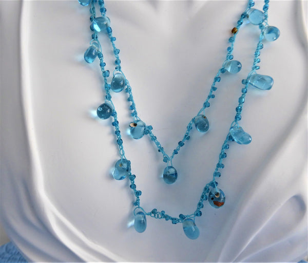 Turquoise Blue Art Glass Necklace Crocheted Artisan OOAK Glacier