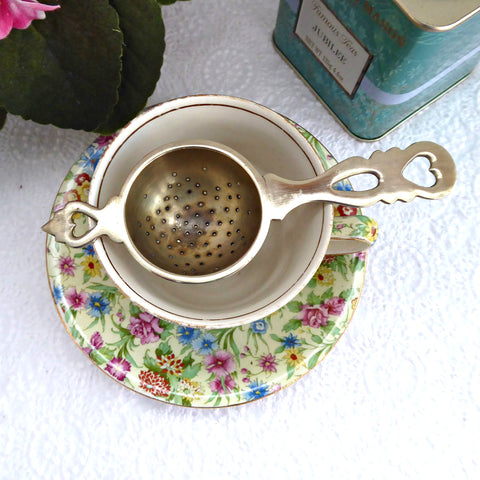 Tea Strainer Pierced Heart Handle Vintage 1920-1930s England EPNS