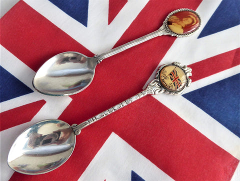 English Souvenir Spoons Queen Mother Union Jack 1950s Celluloid Bubbles Silver Plate