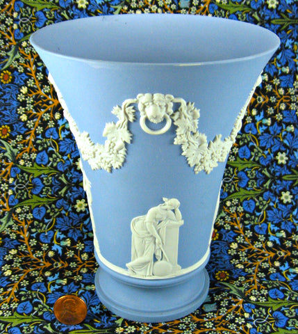 Tall Wedgwood Blue Jasperware Vase 4 Muses Lion Head Masks 1970s