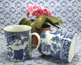 Mug Pair Design Blue And White Oriental Design Peacocks Dragons Porcelain 1980s - Antiques And Teacups - 1