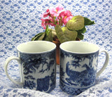 Mug Pair Design Blue And White Oriental Design Peacocks Dragons Porcelain 1980s - Antiques And Teacups - 2