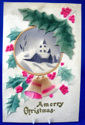 VTG CHRISTMAS CARD ART DECO PARCHMENT PAPER WINTER SCENE