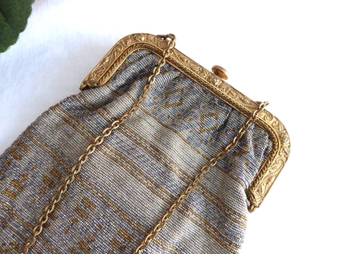 Antique French Made Metal Micro Beaded Bead Bag, Purse, Roaring 20s Fringe