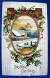 Postcard Christmas Greetings Embossed Snow Scene Holly 1909 Calligraphy