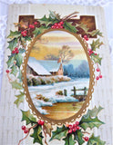 Postcard Christmas Greetings Embossed Snow Scene Holly 1909 Calligraphy