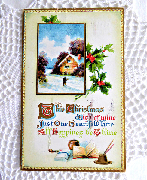 Postcard Christmas Wish 1910 Poem Embossed Snow Scene BB London Vintag ...