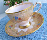 Elegant Pink Cup And Saucer Tuscan Enamel Accents Gold Lace 1920s Bone China