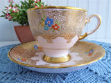 Elegant Pink Cup And Saucer Tuscan Enamel Accents Gold Lace 1920s Bone China