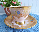 Elegant Pink Cup And Saucer Tuscan Enamel Accents Gold Lace 1920s Bone China