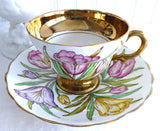 Gorgeous Rosina England Cup and Saucer Hand Colored Tulips On Brown Transfer Luxe Gold