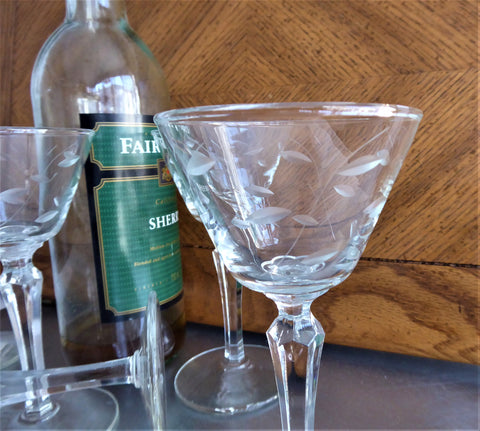 5 Vintage Etched Crystal Wine Glasses, Imperial glass, Meander, c