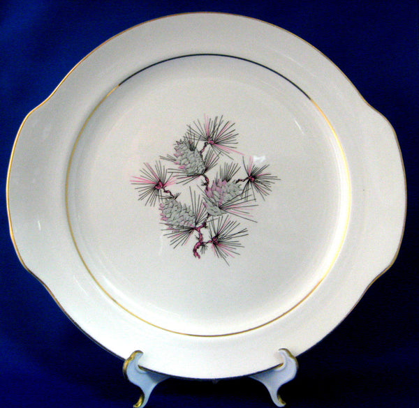 Cake Serving Plate Homer Laughlin Princess Pinecones Pink Grey 22kt Go ...