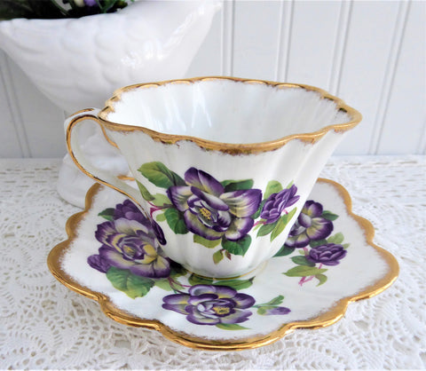 Salisbury Tea Cup and Saucer, Purple and White Flowers, Fancy High Handle,  Gold Gilt Trim, Made in England, Lovely Gift for Her, 1927-1949 