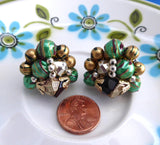 Earrings 1950s Cluster Clips Green Black Gold Filigree Caps Wired Japan Fashion