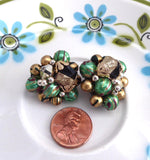 Earrings 1950s Cluster Clips Green Black Gold Filigree Caps Wired Japan Fashion