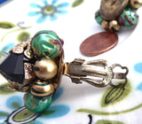 Earrings 1950s Cluster Clips Green Black Gold Filigree Caps Wired Japan Fashion