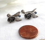 Silver Rose Earrings 1950s Ice Blue Rhinestones Figural Screw Back